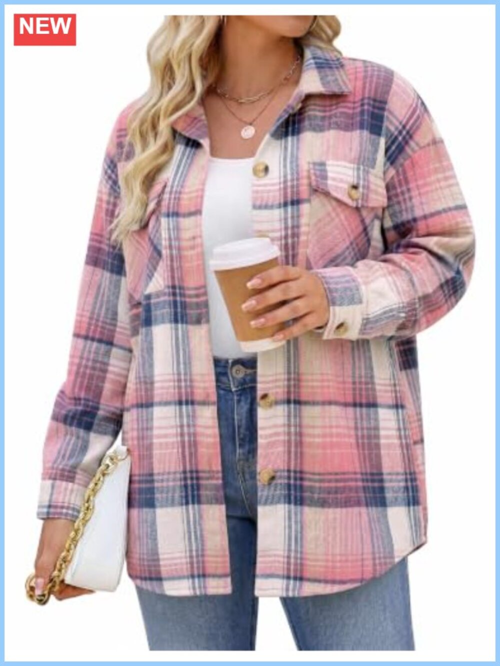 Plus Size Plaid Shacket Long Sleeve Flannel Fall Jacket with Chest Pockets